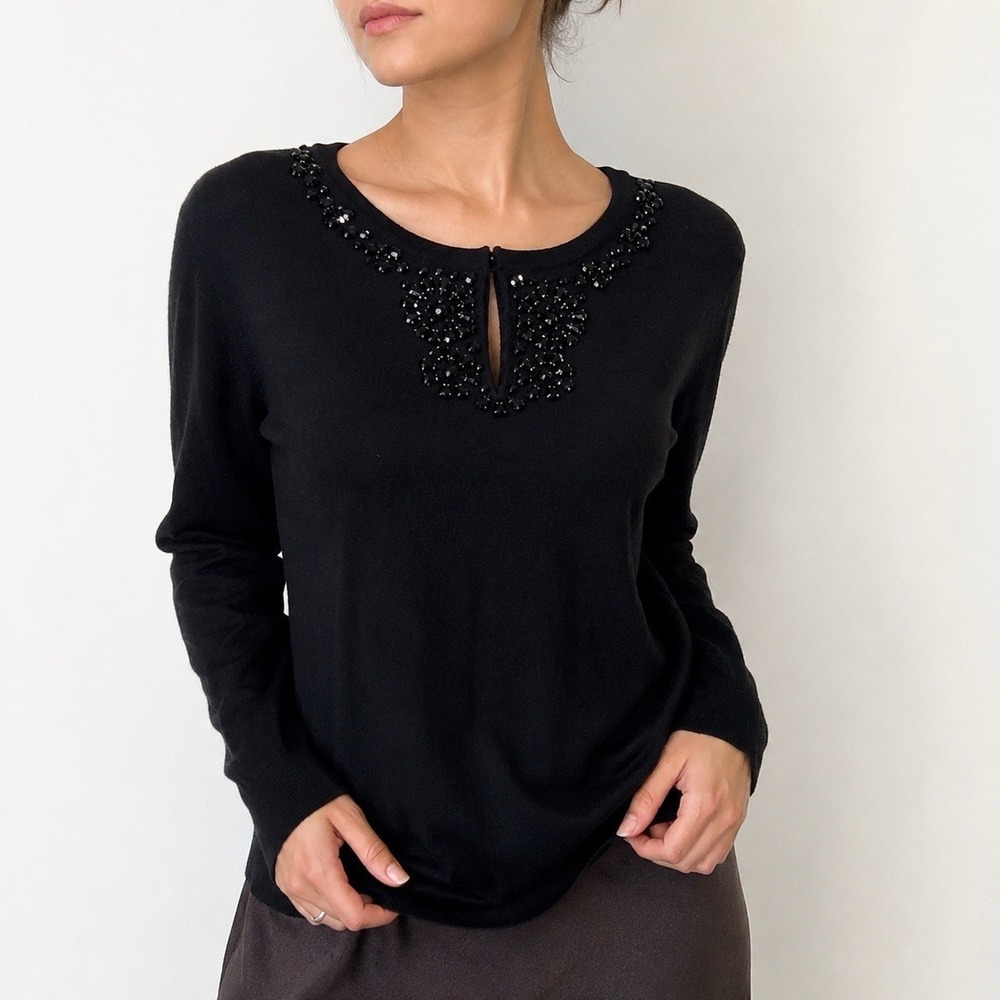 Talbots Embellished Merino Wool Sweater Top Sz M Black Old Money Minimalist Glam